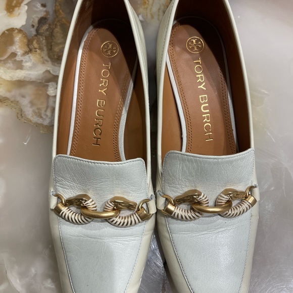 Tory Burch Jessa Goatskin Patent Leather Pump Heel Ivory Mint - Picture 9 of 15